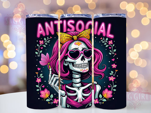 Antisocial Tumbler, Skeleton Design, 20oz Tumbler, Halloween PNG, Funny Tumbler, Gothic Style, Drinkware Wrap, Sublimation Art Sublimation SvggirlplusArt 