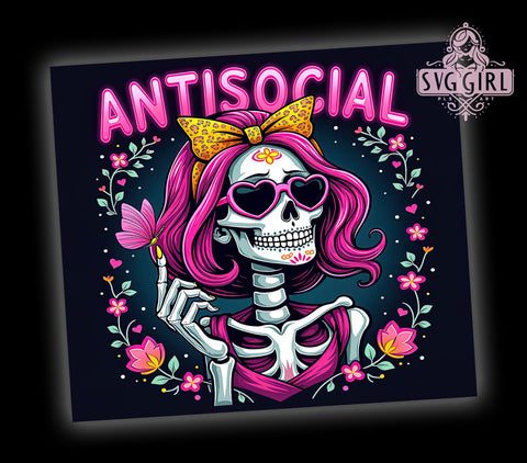 Antisocial Tumbler, Skeleton Design, 20oz Tumbler, Halloween PNG, Funny Tumbler, Gothic Style, Drinkware Wrap, Sublimation Art Sublimation SvggirlplusArt 