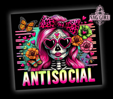 Antisocial Tumbler, Skeleton Design, 20oz Tumbler, Halloween PNG, Funny Tumbler, Gothic Style, Drinkware Wrap, Sublimation Art Sublimation SvggirlplusArt 