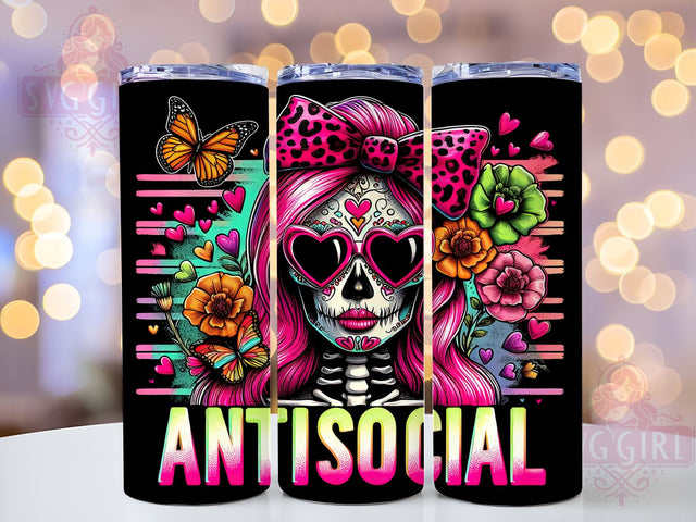 Antisocial Tumbler, Skeleton Design, 20oz Tumbler, Halloween PNG, Funny Tumbler, Gothic Style, Drinkware Wrap, Sublimation Art Sublimation SvggirlplusArt 