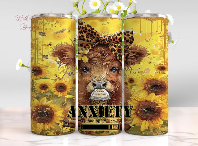 Anxiety Loading Highland Cow, 20oz Tumbler Wrap, Yellow Sunflowers, Digital Download, Sublimation, Highland cow with Ice Coffee. Cow Design Sublimation WillowSageDesign 