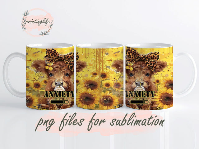 Anxiety Loading Highland Cow, Mug Wrap Design, Instant Digital Design Download Mug Wrap Design, Mug Design PNG Sublimation PrintingLife 