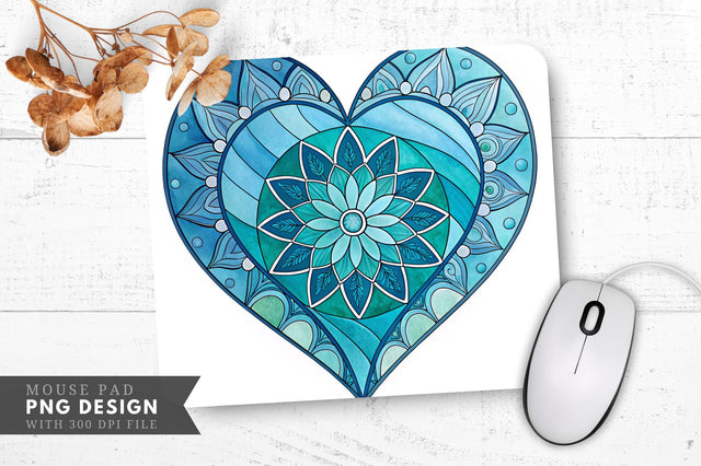 Aqua and Teal Stained Glass Heart Mouse Pad PNG Design Sublimation Regulrcrative 
