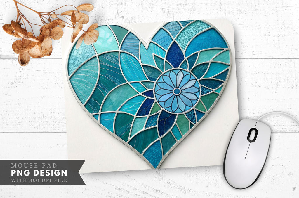 Aqua and Teal Stained Glass Heart Mouse Pad PNG Design - So Fontsy