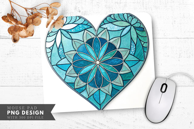 Aqua and Teal Stained Glass Heart Mouse Pad PNG Design Sublimation Regulrcrative 