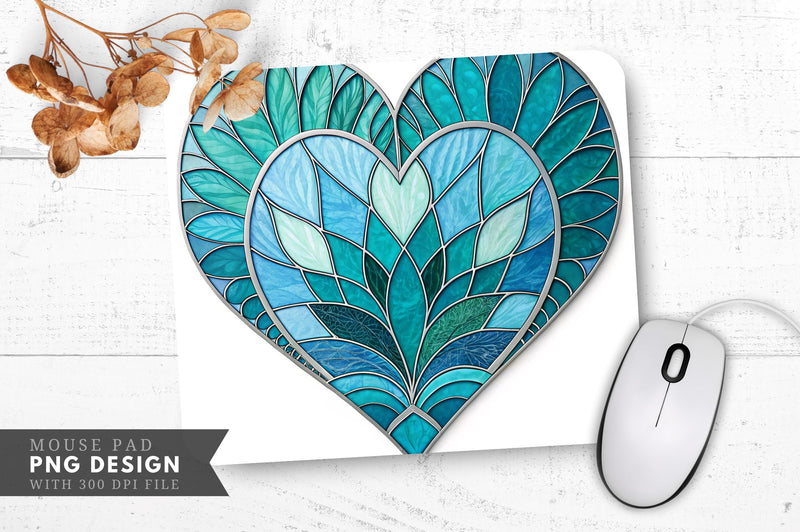 Aqua and Teal Stained Glass Heart Mouse Pad PNG Design - So Fontsy