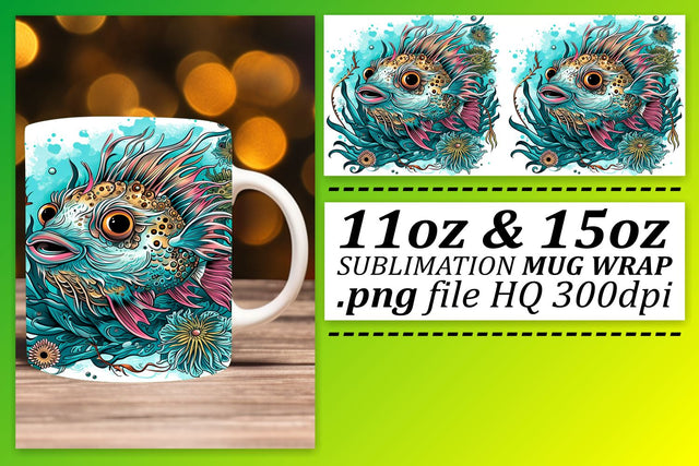 Aquatic Creatures Mug Wrap, Coastal Watercolor Fish Sublimation Art Sublimation afrosvg 
