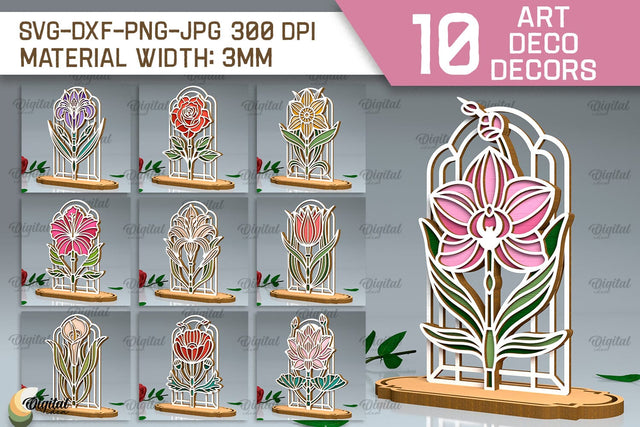 Art Deco Flowers Laser Cut Bundle. Layered Flowers Decor SVG SVG Evgenyia Guschina 