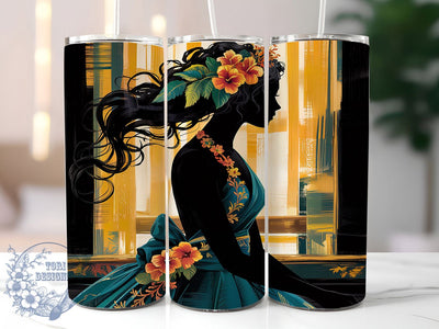 Art Deco Glam Woman 20oz Tumbler Wrap, Elegant Woman Design, Floral Silhouette Tumbler, Gold Blue Sublimation, 20oz Tumbler Wrap, Vintage Glam Design, Feminine Tumbler Art Sublimation ToriDesigns 