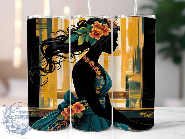 Art Deco Glam Woman 20oz Tumbler Wrap, Elegant Woman Design, Floral Silhouette Tumbler, Gold Blue Sublimation, 20oz Tumbler Wrap, Vintage Glam Design, Feminine Tumbler Art Sublimation ToriDesigns 