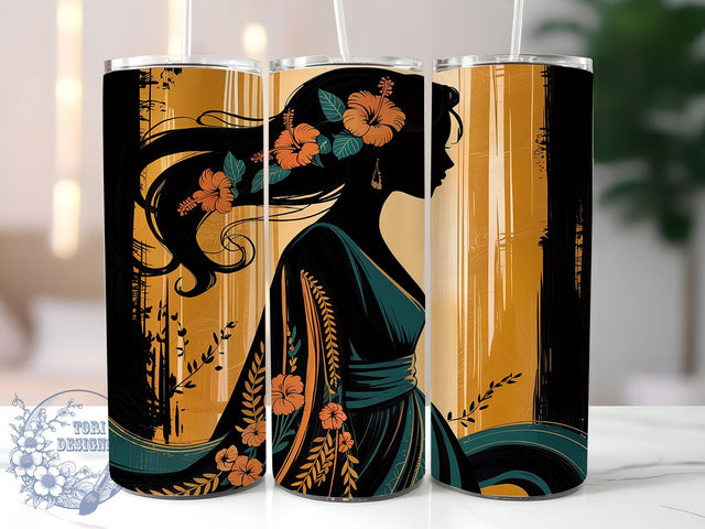 Art Deco Glam Woman 20oz Tumbler Wrap, Elegant Woman Design, Floral Silhouette Tumbler, Gold Blue Sublimation, 20oz Tumbler Wrap, Vintage Glam Design, Feminine Tumbler Art Sublimation ToriDesigns 