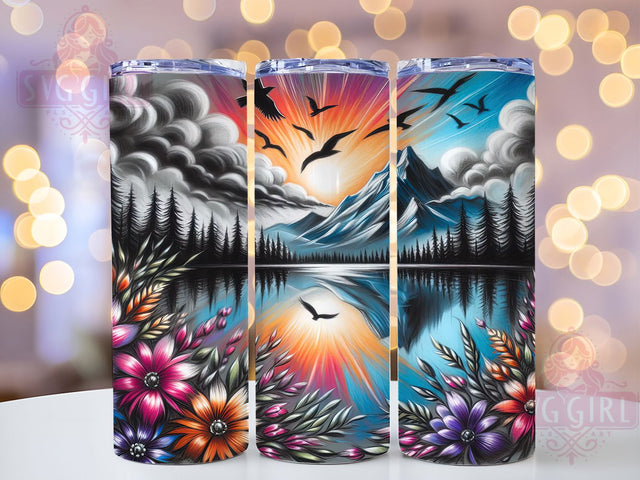 Artistic Charcoal Mountain Floral Tumbler, Charcoal Floral Tumbler, Artistic Mountain Wrap, Whimsical Floral Wrap, Rustic Charcoal Wrap, Sublimation Design, Trendy Gift Idea Sublimation SvggirlplusArt 