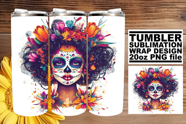 Artistic Day of the Dead Tumbler – 20oz Watercolor Design Sublimation afrosvg 