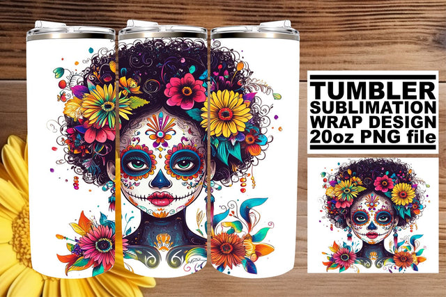 Artistic Day of the Dead Tumbler – 20oz Watercolor Wrap Sublimation afrosvg 