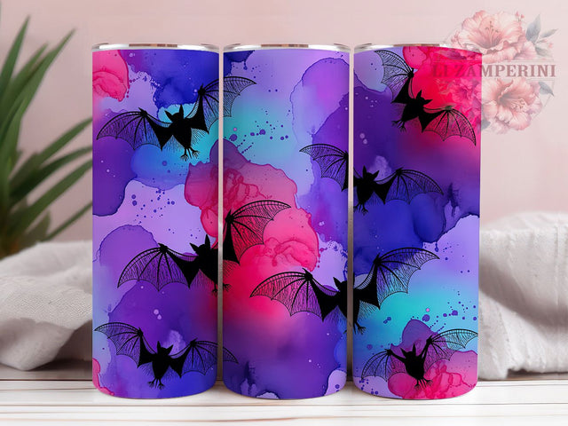 Artistic Halloween Bats Gothic Tumbler, Alcohol Ink Bat Wrap, Artistic Halloween Sublimation, Spooky Bats Drinkware, Gothic Bat Tumbler, Colorful Halloween Wrap, Haunted Night Sky Cup Sublimation Li Zamperini 