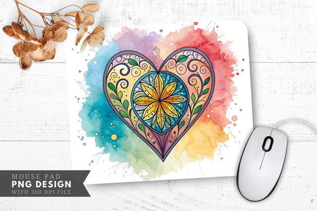 Artistic Stained Glass Heart with Watercolor Splashes Mouse Pad PNG Design Sublimation Regulrcrative 