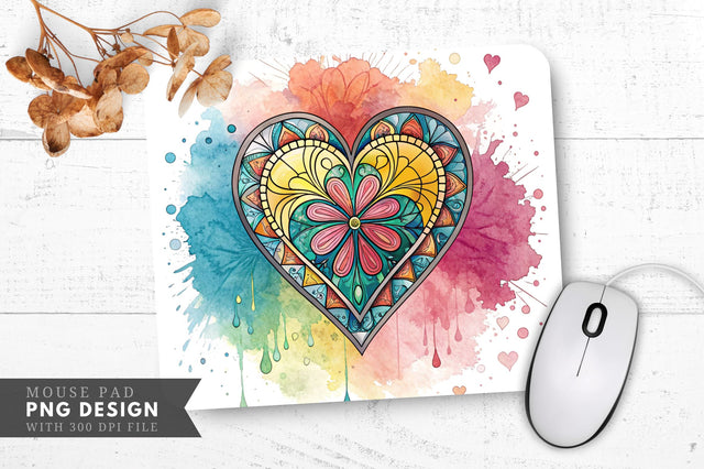 Artistic Stained Glass Heart with Watercolor Splashes Mouse Pad PNG Design Sublimation Regulrcrative 
