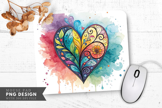 Artistic Stained Glass Heart with Watercolor Splashes Mouse Pad PNG Design Sublimation Regulrcrative 