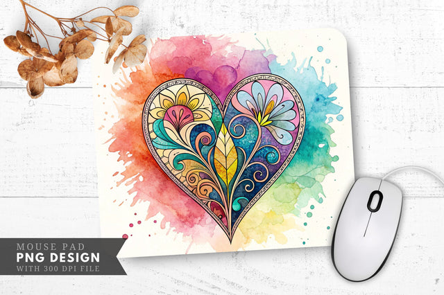 Artistic Stained Glass Heart with Watercolor Splashes Mouse Pad PNG Design Sublimation Regulrcrative 