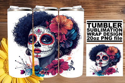 Artistic Sugar Skull Tumbler – 20oz Watercolor Wrap Sublimation afrosvg 