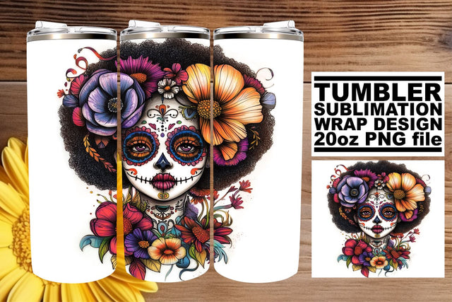 Artistic Sugar Skull Tumbler Wrap – 20oz Halloween Design Sublimation afrosvg 