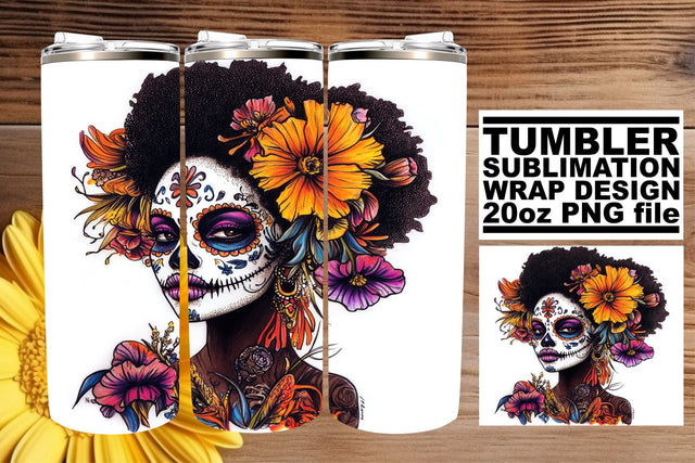 Artistic Sugar Skull Wrap – 20oz Watercolor Tumbler Art Sublimation afrosvg 
