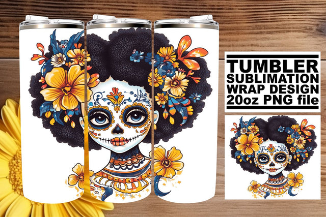 Artistic Sugar Skull Wrap – 20oz Watercolor Tumbler Design Sublimation afrosvg 