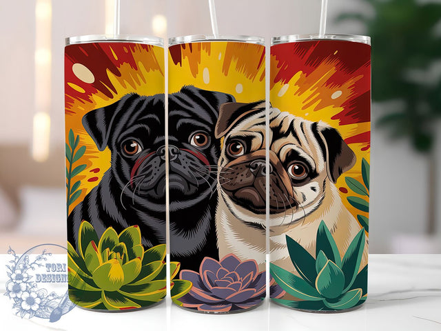 Artistic Twin Pugs Tumbler, Black And Brown Pug Wrap, Museum Style Dog Mug Design, Sublimation Wrap, Cute Dog Lover Drinkware, Gift Idea For Pet Owners, Artistic Pug Cup Sublimation ToriDesigns 