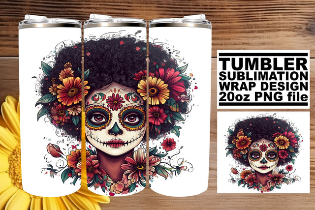 Artistic Watercolor Sugar Skull Wrap – 20oz Tumbler Design Sublimation afrosvg 