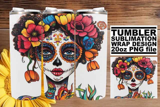 Artistic Watercolor Sugar Skull Wrap – 20oz Tumbler Sublimation afrosvg 