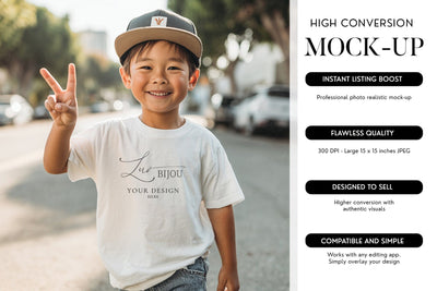 Asian Boy T-Shirt Mockup Blank White Tee Urban Street Mock Up Photo BijouBay 