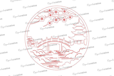 Asian Landscape Laser Cut Design – Pagoda, Bridge & Cherry Blossoms Circular Outline for Craft & Déco SVG Regulrcrative 