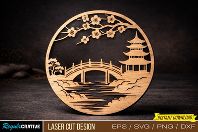 Asian Landscape Laser Cut Design – Pagoda, Bridge & Cherry Blossoms Circular Outline for Craft & Déco SVG Regulrcrative 