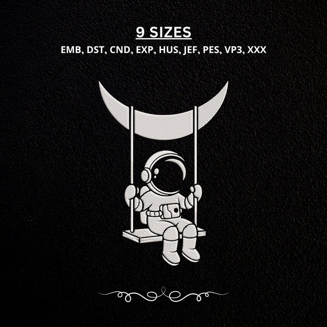 Astronaut on Moon Swing Embroidery Design – Cute Space Astronaut Crescent Moon Machine Embroidery File Embroidery/Applique DESIGNS PatternFeed8 