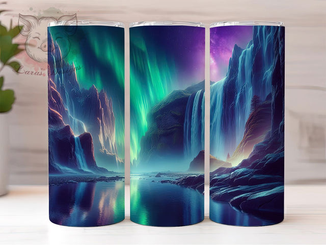 Aurora Borealis Waterfall 20oz Scenic Tumbler, Waterfall Design, 20oz Sublimation Wrap, Nature Drinkware, Unique Tumblers, Scenic Art, Gift for Nature Lovers Sublimation Lara' s Designs 