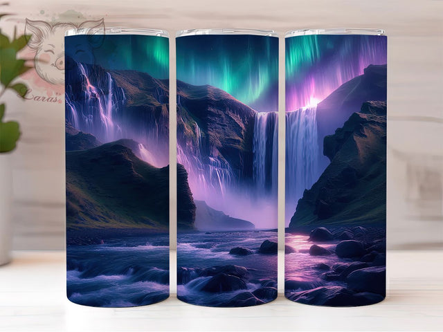 Aurora Borealis Waterfall 20oz Scenic Tumbler, Waterfall Design, 20oz Sublimation Wrap, Nature Drinkware, Unique Tumblers, Scenic Art, Gift for Nature Lovers Sublimation Lara' s Designs 