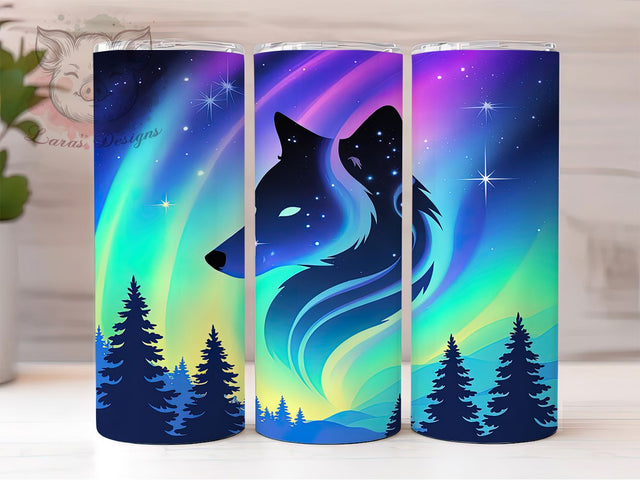 Aurora Galaxy Wolf Tumbler, Galaxy Wolf Pattern, Cosmic Wolf Design, 20Oz Sublimation Wrap, Aurora Night Art, Space Wolf Texture, Tumbler Sublimation Sublimation Lara' s Designs 
