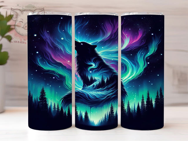 Aurora Galaxy Wolf Tumbler, Galaxy Wolf Pattern, Cosmic Wolf Design, 20Oz Sublimation Wrap, Aurora Night Art, Space Wolf Texture, Tumbler Sublimation Sublimation Lara' s Designs 