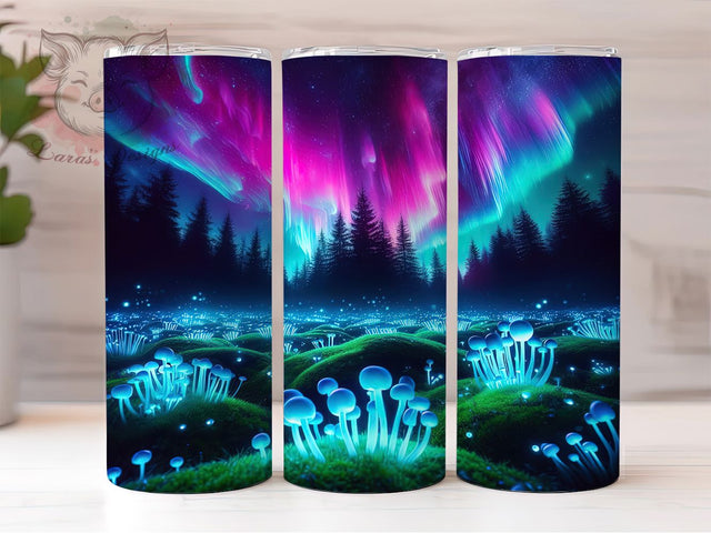 Aurora Glow Mushroom Tumbler, Northern Lights Mushrooms, Aurora Fungi Design, 20Oz Sublimation Wrap, Bioluminescent Mushroom Art, Cosmic Forest Texture, Tumbler Sublimation Sublimation Lara' s Designs 
