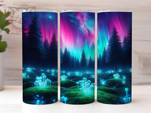 Aurora Glow Mushroom Tumbler, Northern Lights Mushrooms, Aurora Fungi Design, 20Oz Sublimation Wrap, Bioluminescent Mushroom Art, Cosmic Forest Texture, Tumbler Sublimation Sublimation Lara' s Designs 
