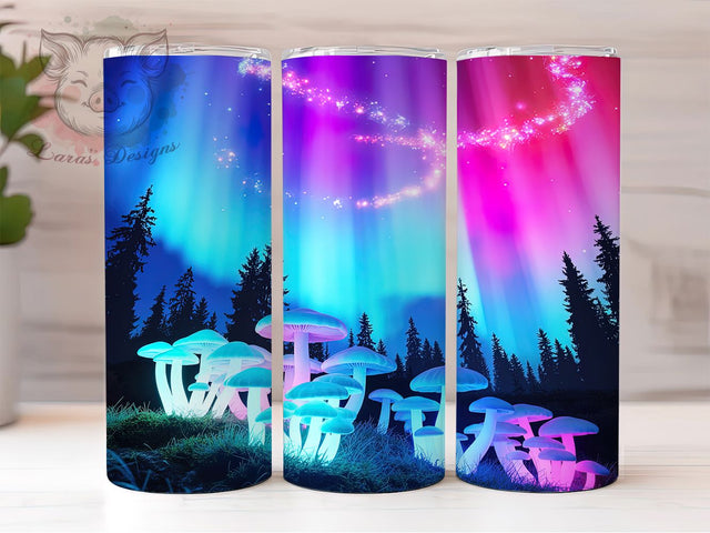 Aurora Glow Mushroom Tumbler, Northern Lights Mushrooms, Aurora Fungi Design, 20Oz Sublimation Wrap, Bioluminescent Mushroom Art, Cosmic Forest Texture, Tumbler Sublimation Sublimation Lara' s Designs 