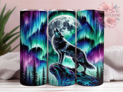 Aurora Howling Wolf Tumbler, Howling Wolf Design, Northern Lights Theme, Aurora Borealis, Wildlife Artwork, Mystical Nature Scene, Tumbler Wrap, Sublimation Design, 20oz Tumbler, Fantasy Landscape Sublimation Li Zamperini 