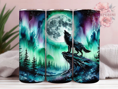 Aurora Howling Wolf Tumbler, Howling Wolf Design, Northern Lights Theme, Aurora Borealis, Wildlife Artwork, Mystical Nature Scene, Tumbler Wrap, Sublimation Design, 20oz Tumbler, Fantasy Landscape Sublimation Li Zamperini 