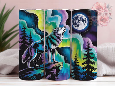 Aurora Howling Wolf Tumbler, Howling Wolf Design, Northern Lights Theme, Aurora Borealis, Wildlife Artwork, Mystical Nature Scene, Tumbler Wrap, Sublimation Design, 20oz Tumbler, Fantasy Landscape Sublimation Li Zamperini 