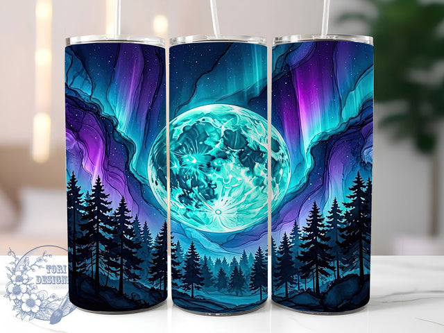 Aurora Moon Forest 20oz Tumbler, Northern Lights, Night Sky, Mystical Forest, Glowing Moon, Nature Art, Dreamy Landscape, Sublimation Wrap Sublimation ToriDesigns 