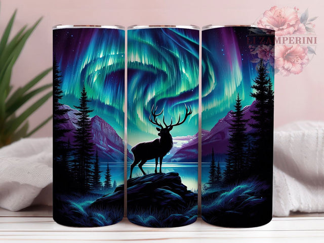Aurora Northern Lights Deer Tumbler Wrap, Northern Lights Tumbler, Mountain Deer Sublimation, Aurora Borealis Cup, Wildlife Nature Drinkware, Rustic Deer Mug, Scenic Aurora Digital Sublimation Li Zamperini 