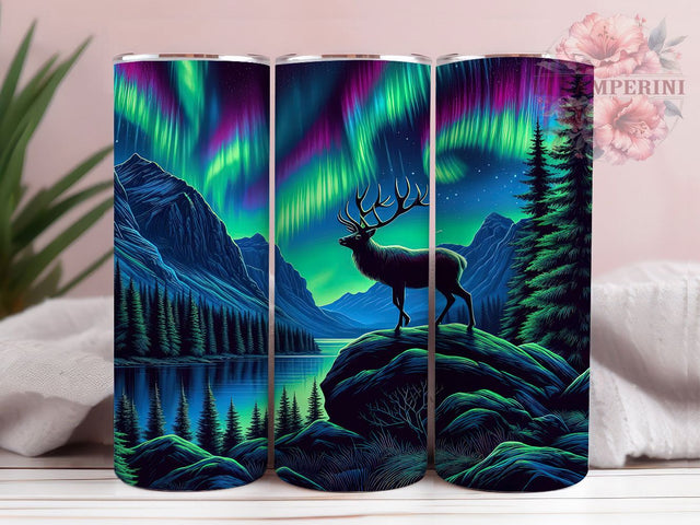 Aurora Northern Lights Deer Tumbler Wrap, Northern Lights Tumbler, Mountain Deer Sublimation, Aurora Borealis Cup, Wildlife Nature Drinkware, Rustic Deer Mug, Scenic Aurora Digital Sublimation Li Zamperini 