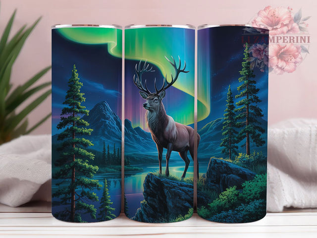 Aurora Northern Lights Deer Tumbler Wrap, Northern Lights Tumbler, Mountain Deer Sublimation, Aurora Borealis Cup, Wildlife Nature Drinkware, Rustic Deer Mug, Scenic Aurora Digital Sublimation Li Zamperini 