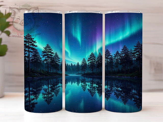 Aurora Pine Reflection 20oz Tumbler, Northern Lights, Pine Trees, Lake Reflection, Night Sky, Nature Art, Mystical Forest, Sublimation Wrap Sublimation Lara' s Designs 