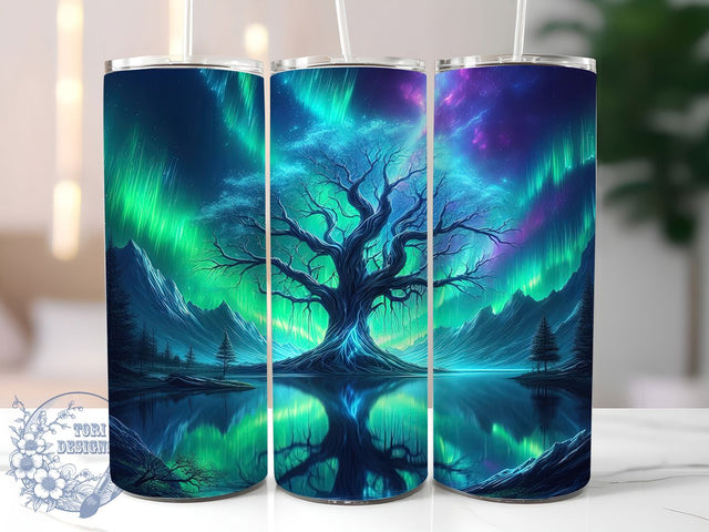 Aurora Tree of Life Tumbler, Northern Lights Wrap, Tree of Life Design, Sublimation Cup, 20oz Skinny Tumbler, Mystical Drinkware, Cosmic Nature Style Sublimation ToriDesigns 